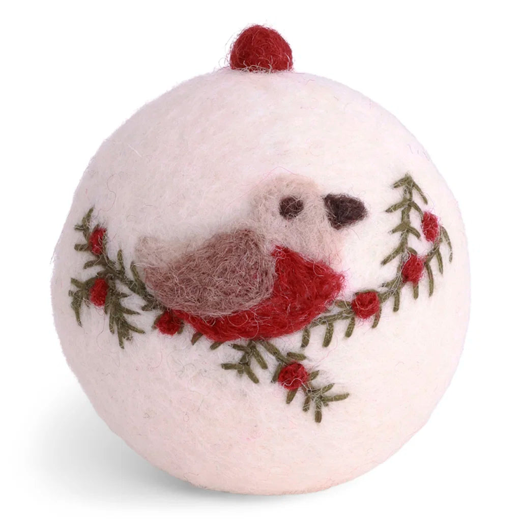 Gry & Sif Felt Christmas Bauble - White w/ Bird