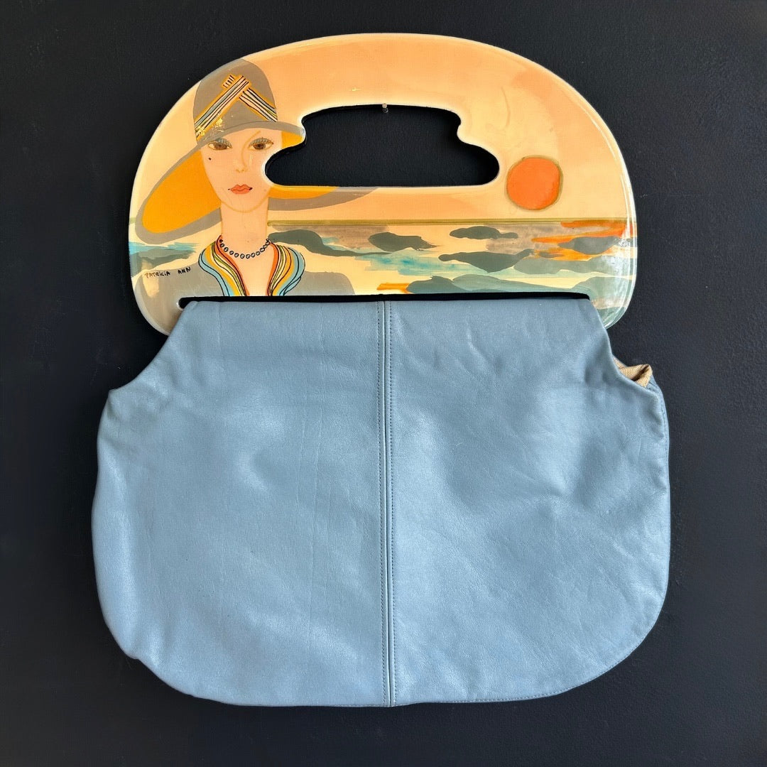 Vintage Patricia Smith Blue Leather Moon Bag w/ 2 Handles