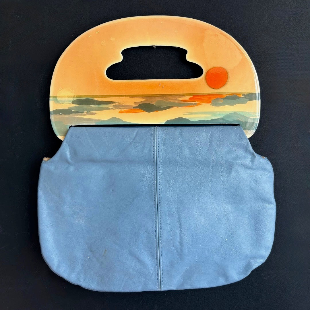 Vintage Patricia Smith Blue Leather Moon Bag w/ 2 Handles