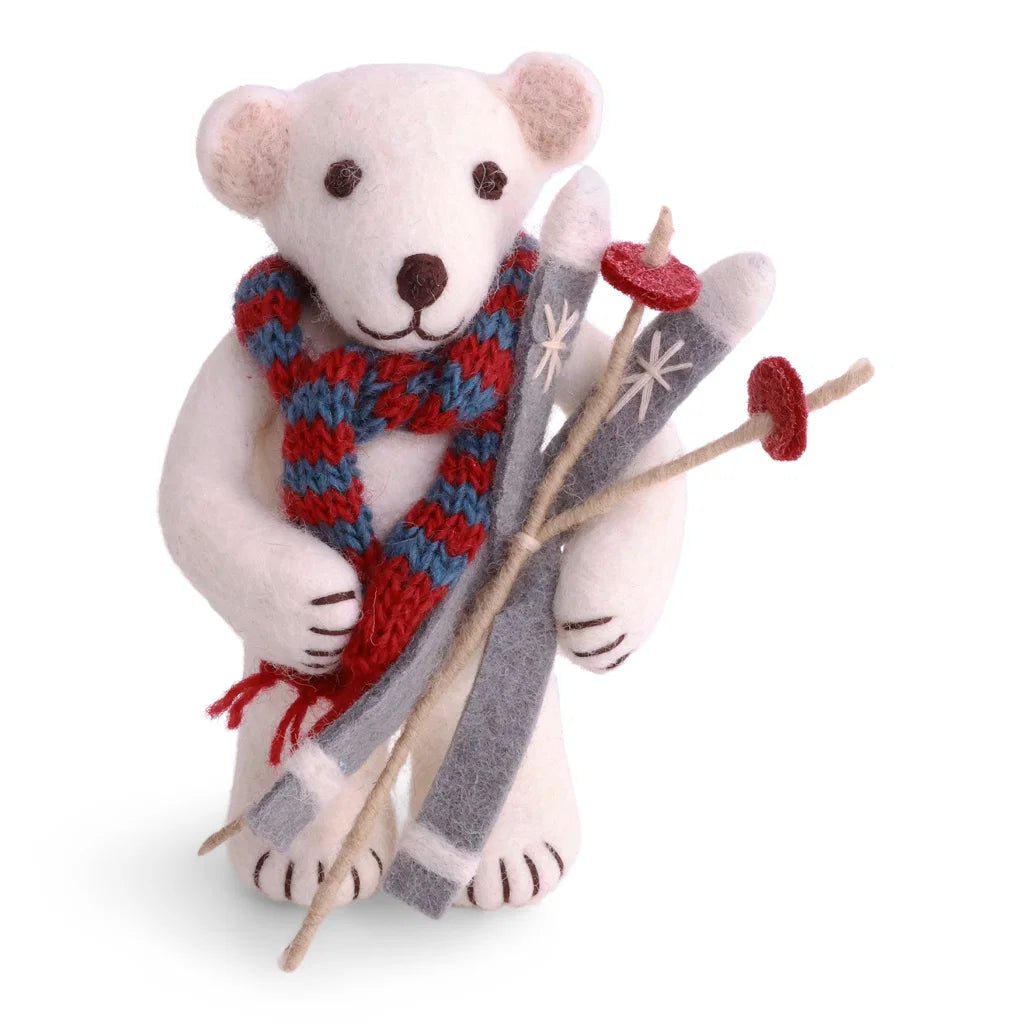 Gry & Sif Felt Medium White Polar Bear w/ skis
