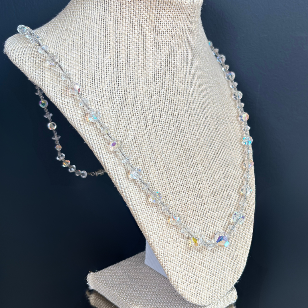 Aurora Borealis Crystal Beaded Necklace on stand