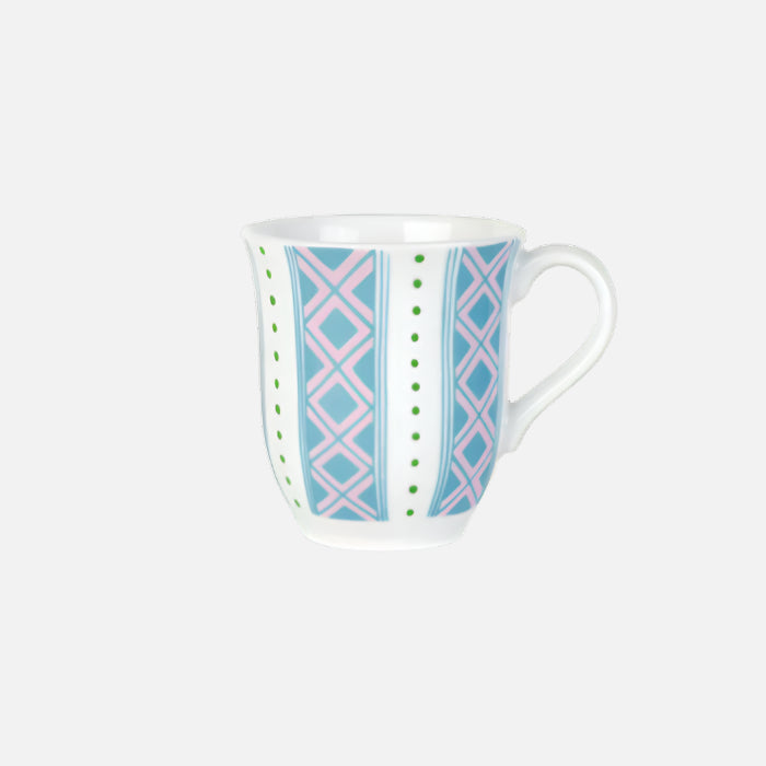 Eva mug with blue and pink geometric pattern on a white background. Bjorn Wiinblad
