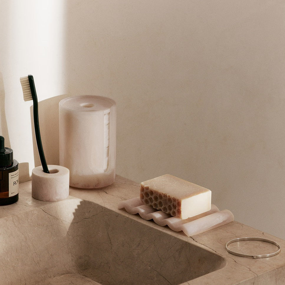 Ferm Living Mist Series - pearl marbled resin bathroom accessories including toothbrush holders and soap dish