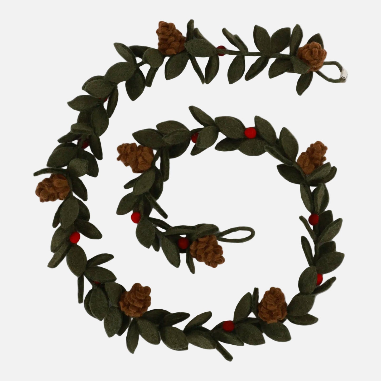 Felt wreath with green leaves, pine cones, and red berries by Gry and Sif, handmade, fair trade.
