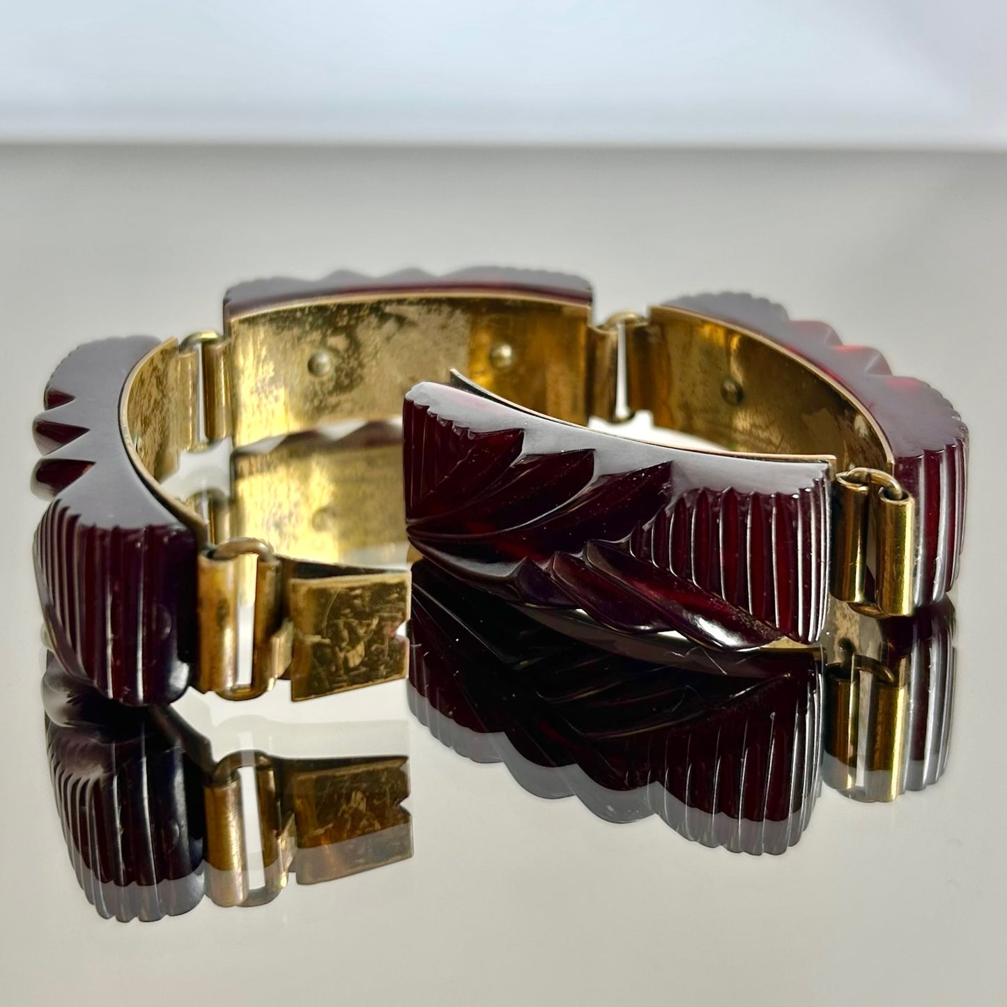 Vintage Maroon Carved Bakelite & Brass Clasp Bracelet