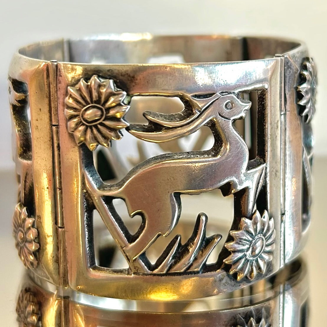 Vintage Mexican Silver Gazelle Hinged Panel Pin Bracelet