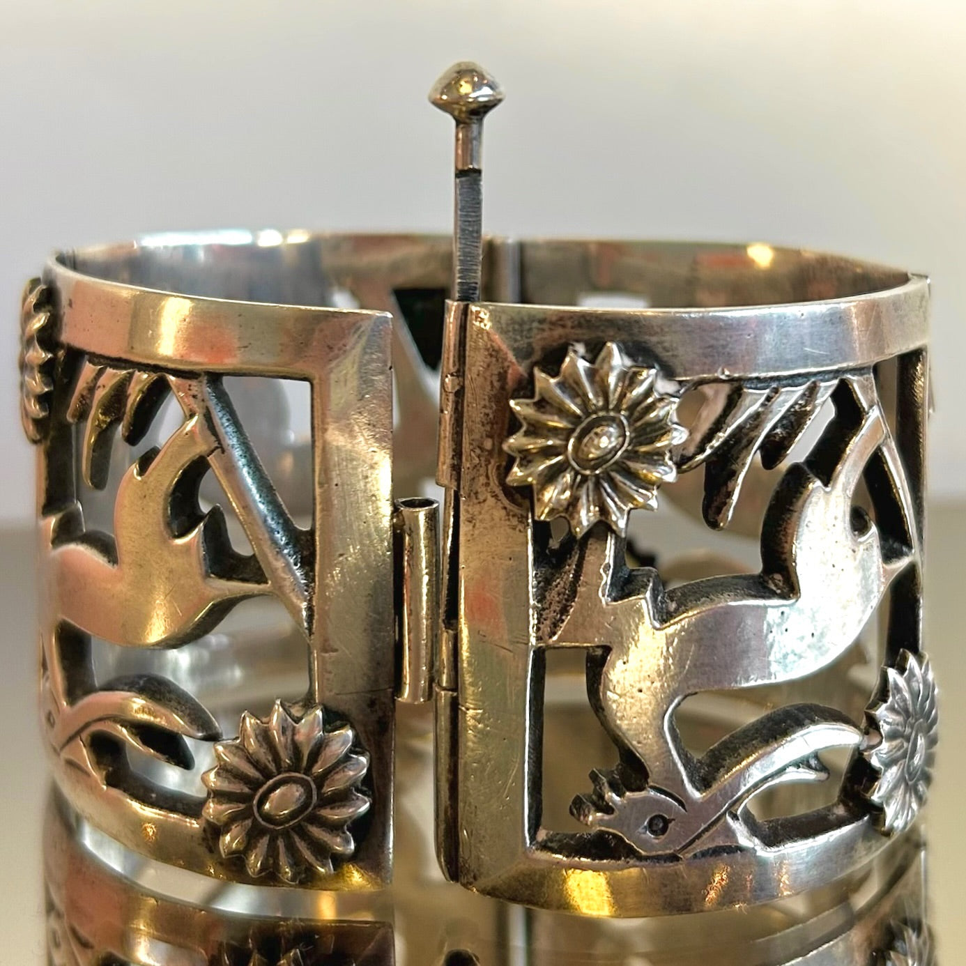 Vintage Mexican Silver Gazelle Hinged Panel Pin Bracelet