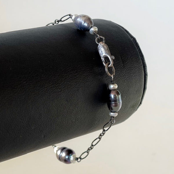 Custom Made 1990's Baroque Black Pearl & Sterling Bracelet (38.2)
