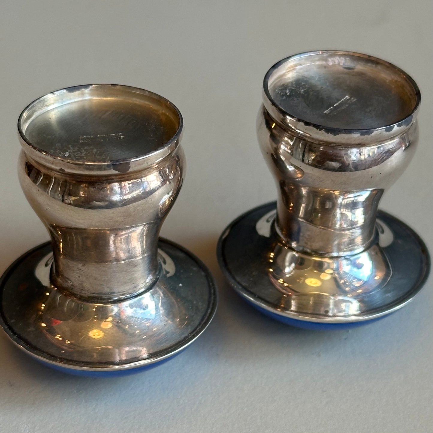 Midcentury Ela Denmark Sterling Silver & Blue Enamel Mushroom Salt & Pepper Set