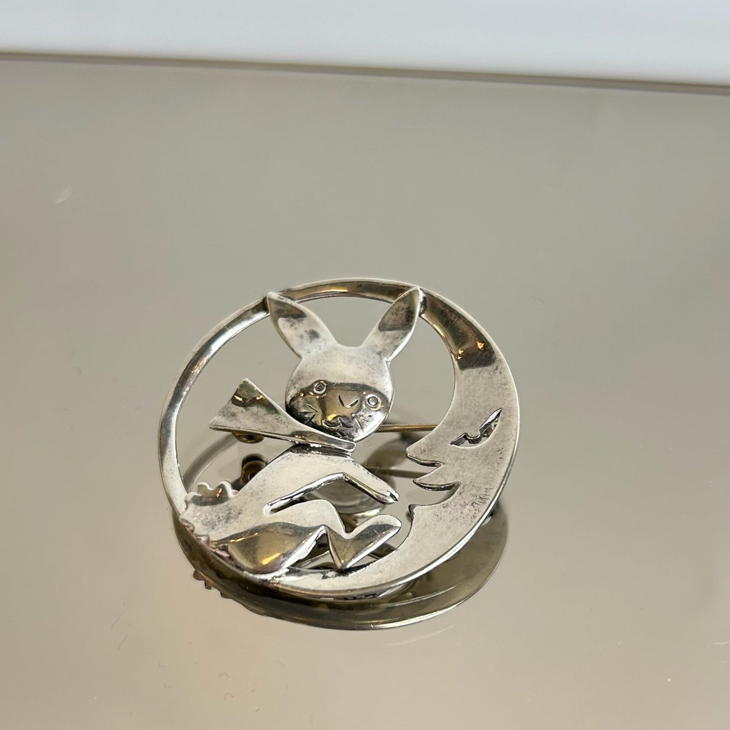 Mexican Sterling Silver Vintage Rabbit in the Moon Brooch
