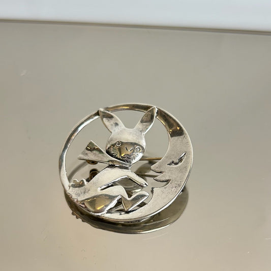 Mexican Sterling Silver Vintage Rabbit in the Moon Brooch