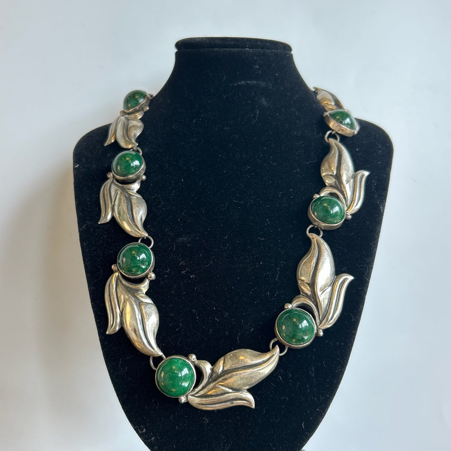 Mexican Sterling & Green Malachite Leaf Necklace
