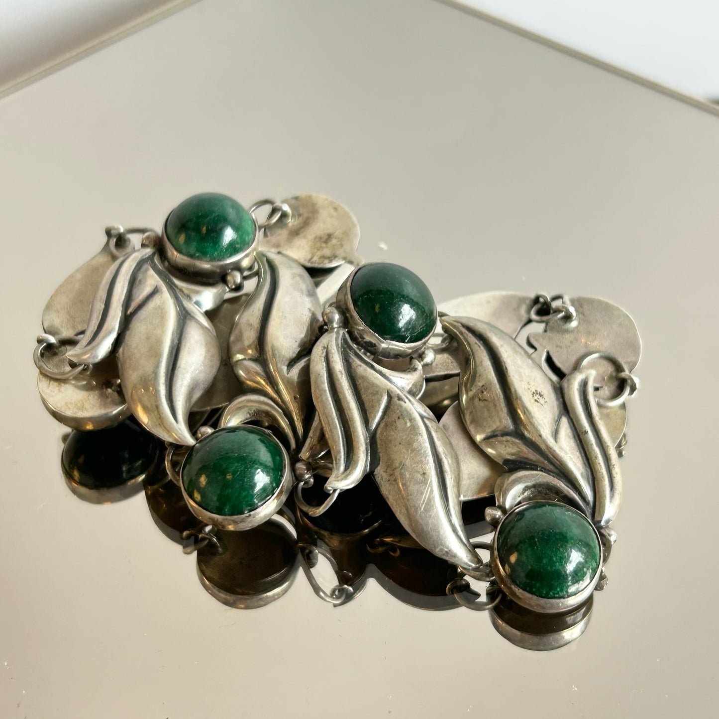Mexican Sterling & Green Malachite Leaf Bracelet
