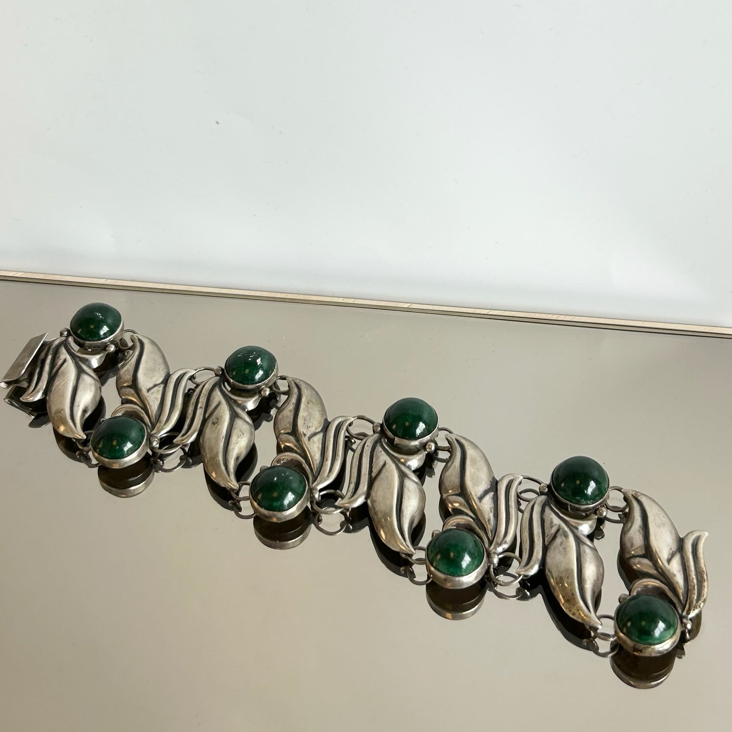 Mexican Sterling & Green Malachite Leaf Bracelet