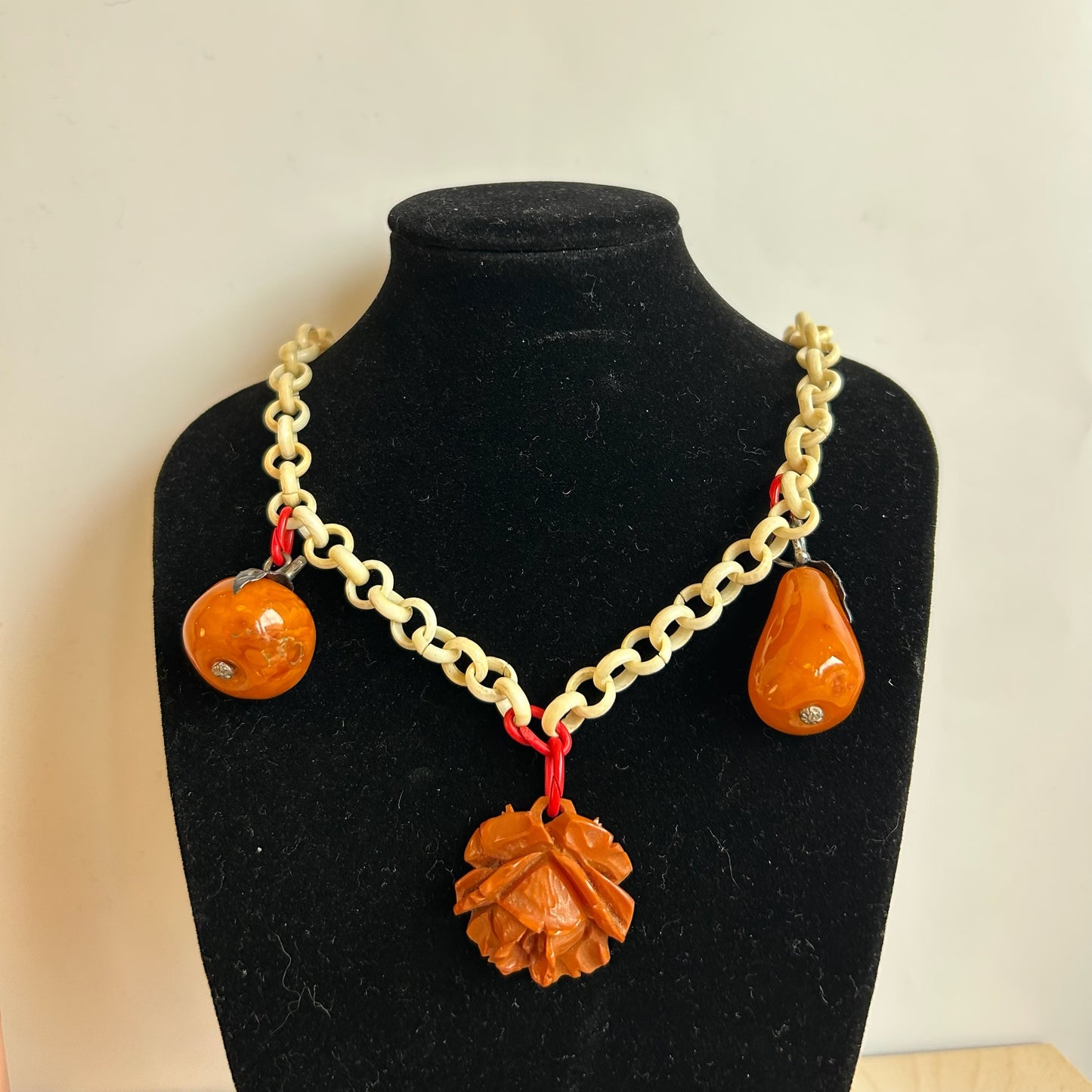 Vintage Celluloid Chain, Amber Fruit & Bakelite Rose Necklace