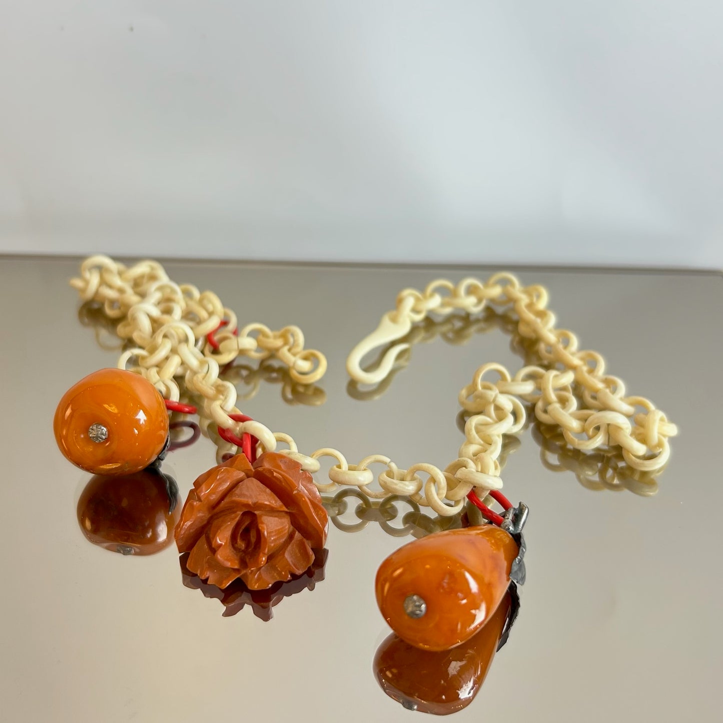 Vintage Celluloid Chain, Amber Fruit & Bakelite Rose Necklace