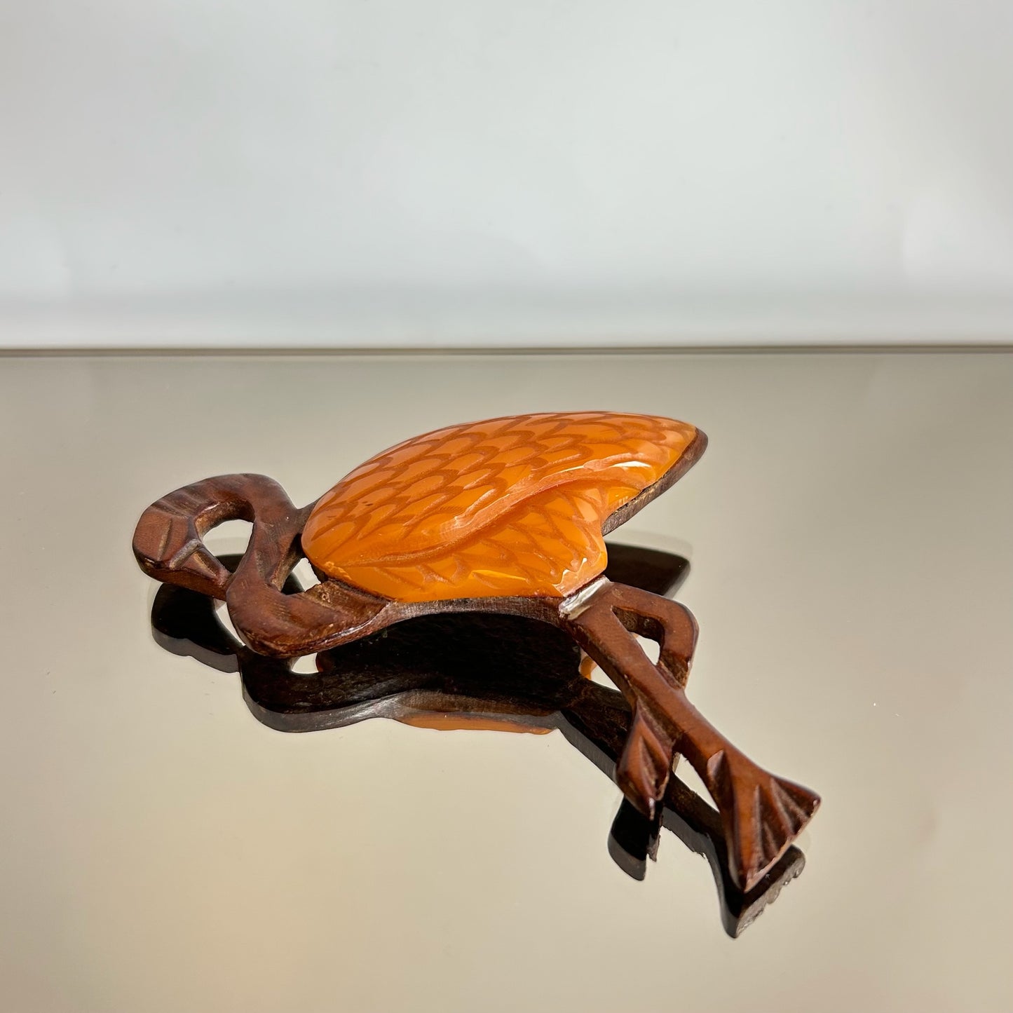 Bakelite & Wood Flamingo Brooch