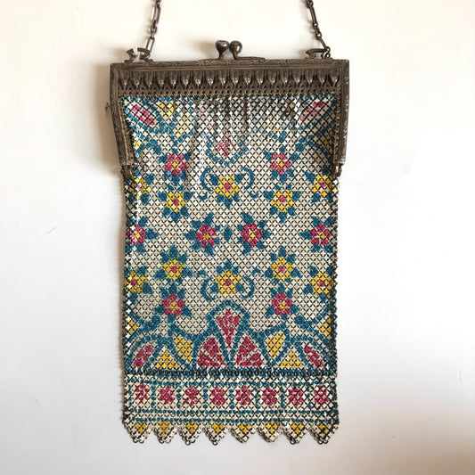 Vintage Enameled Metal Mesh Bag - Blue, Pink & Yellow