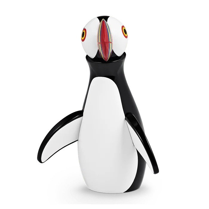 Kay Bojesen Penguin figurine with a colorful face on a white background
