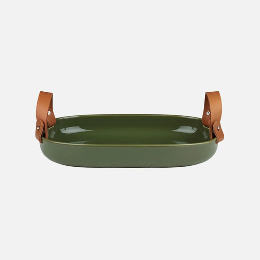 Marimekko Koppa Serving Platter in harvest green whiteware with brown leather handles