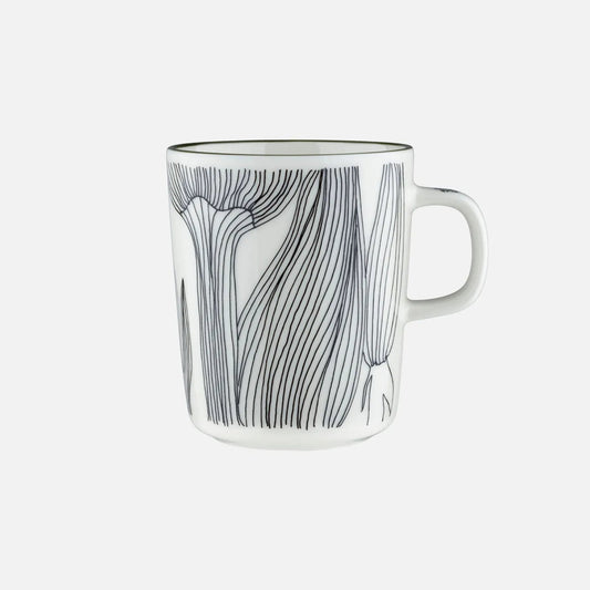 Marimekko Kukat Puhkeavat white ceramic stoneware mug with green rim and black design