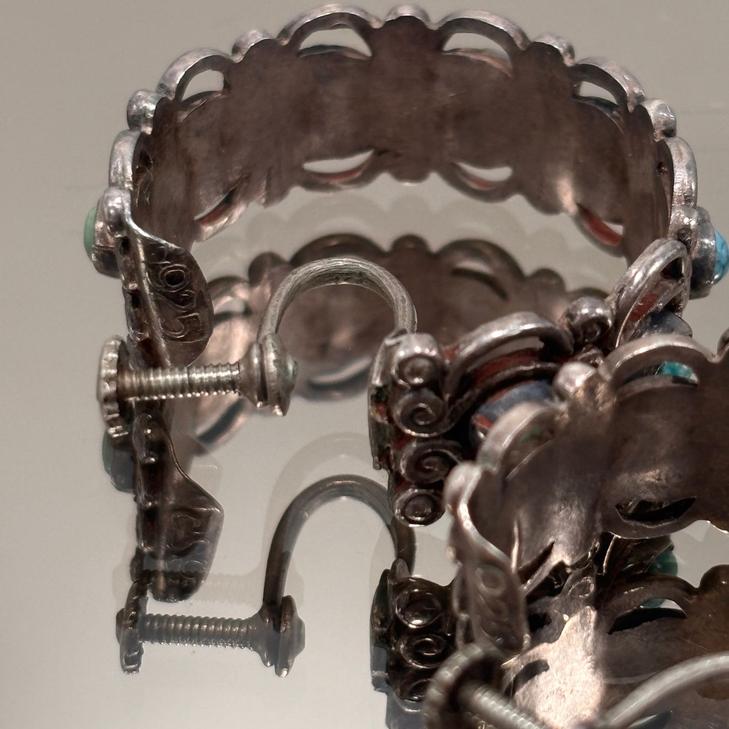 Vintage Mexican Silver Filigree & Turquoise Screw Back Hoop Earrings