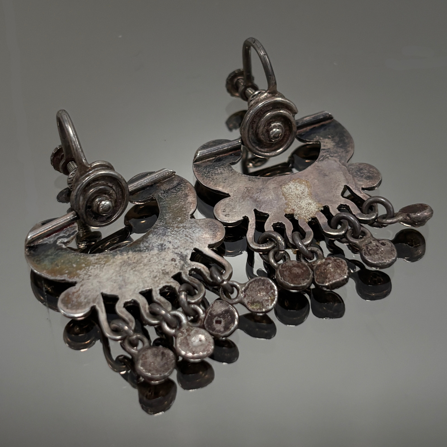 Vintage Mexican Silver Floral Dangle Screw Back Earrings