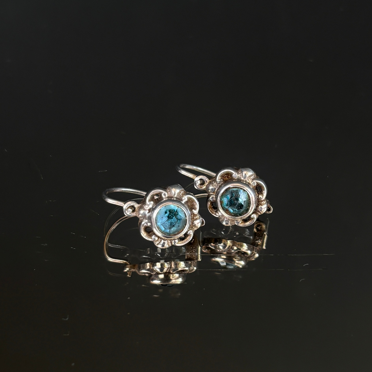 Vintage Blue Topaz & 835 Silver Flower Earrings