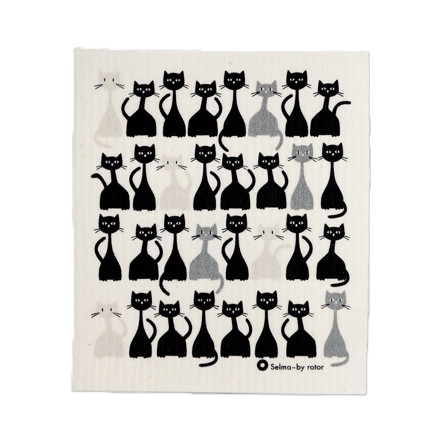 Tea towel with black and gray cat pattern on a white background