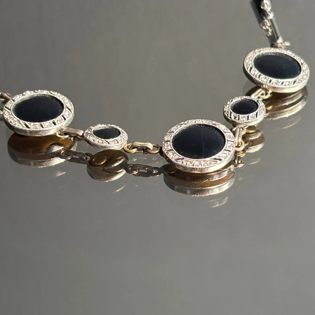 Vintage 1920's 14k White Gold, Onyx & Diamond Necklace
