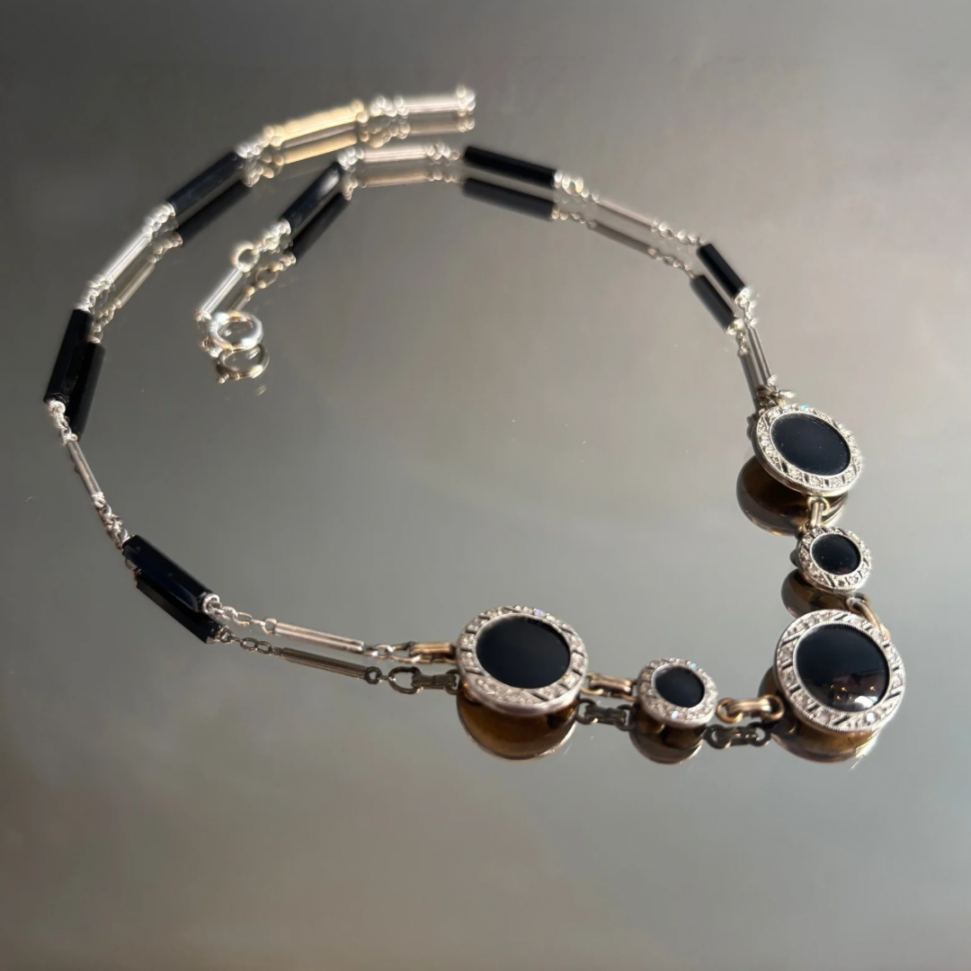 Vintage 1920's 14k White Gold, Onyx & Diamond Necklace