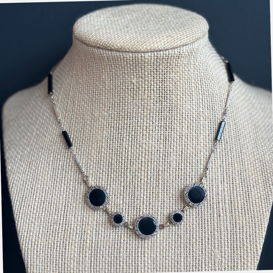 Vintage 1920's 14k White Gold, Onyx & Diamond Necklace
