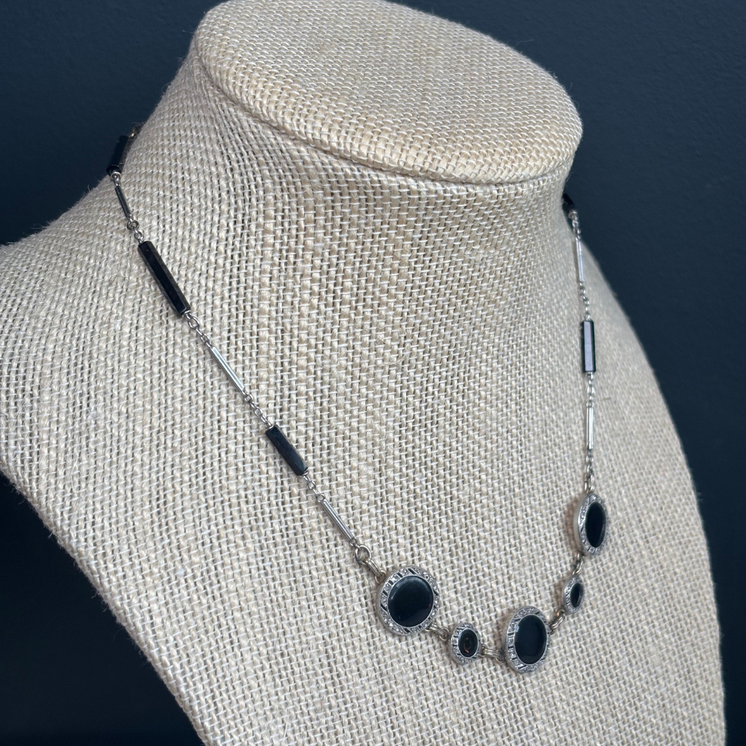 Vintage 1920's 14k White Gold, Onyx & Diamond Necklace