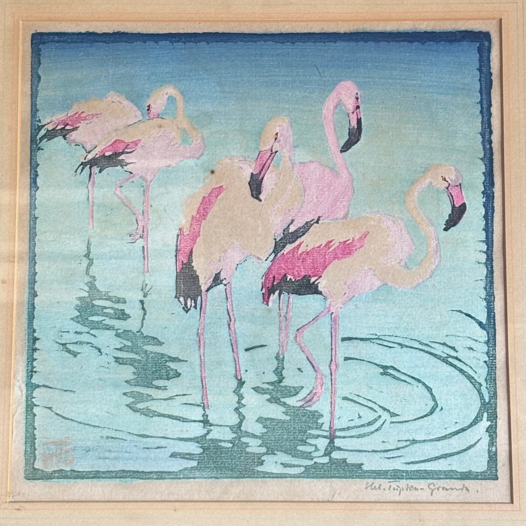 Vintage Helene Tüpke-Grande "Flamingos" Woodblock