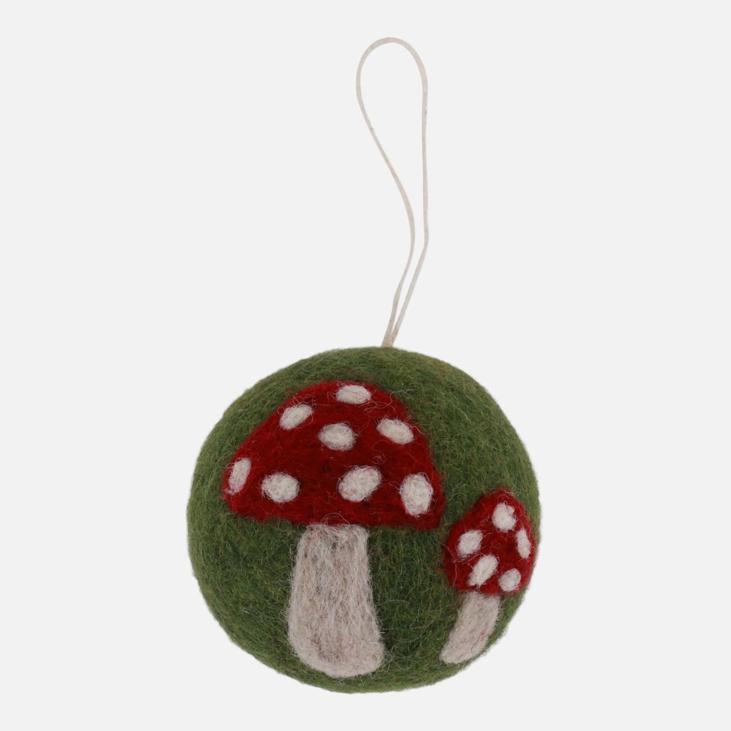 Green Felted Bauble ornament with mushrooms by Gry and Sif, handmade, faire trade
