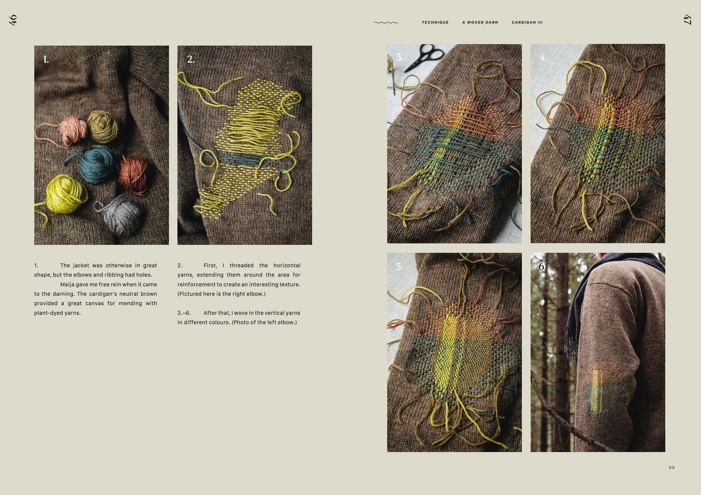 Step-by-step tutorial on embroidery on a brown fabric with yarn and scissors. From The Art of Knitwear Repair Book