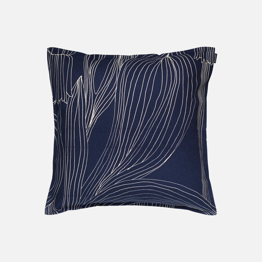 Marimekko Kukat Puhkeavat Cushion cover - navy blue pillow with white abstract pattern on a white background