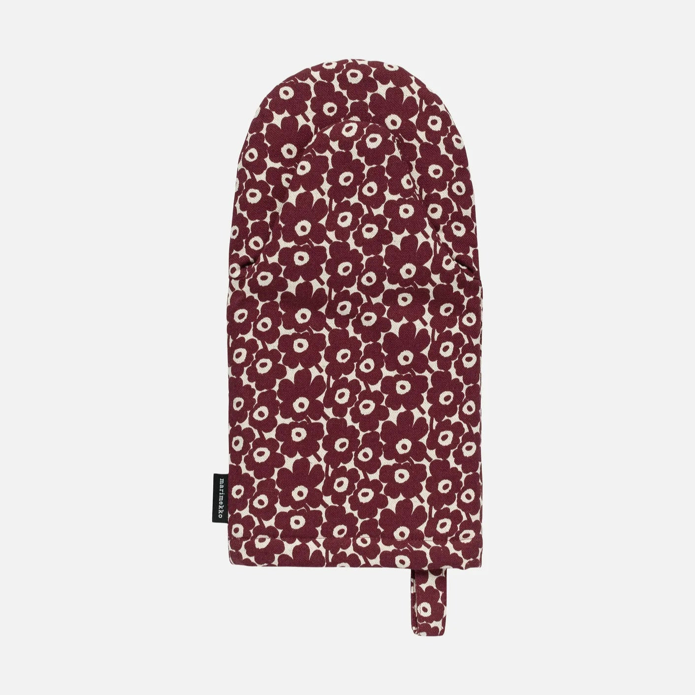 Marimekko Pikkuinen Unikko Oven Mitt in burgundy and linen.