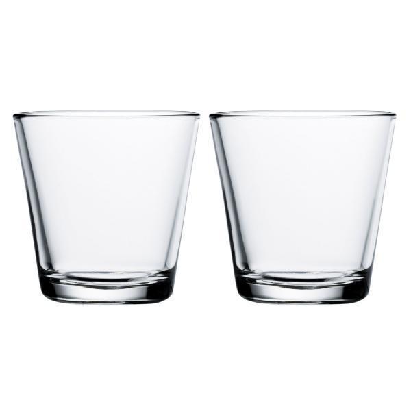 Clear glass tumblers on white background.