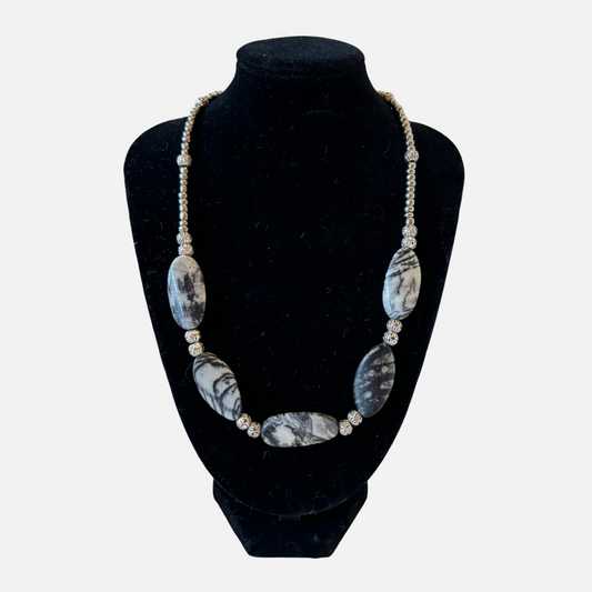 Marble Stone & Silver Bead Necklace (152)