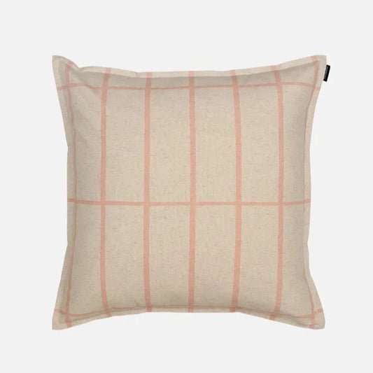 Linen colored cushion cover with peach grid lines