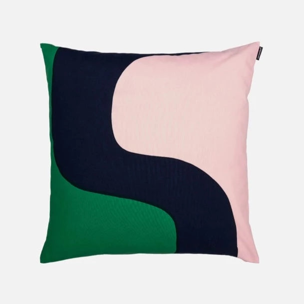 cushion cover with green, blue, and pink curve pattern