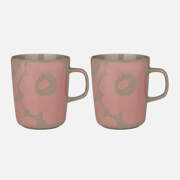 Tan mugs with peach Unikko Poppy pattern