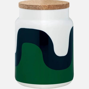 vase with white, green, black curve and cork lid