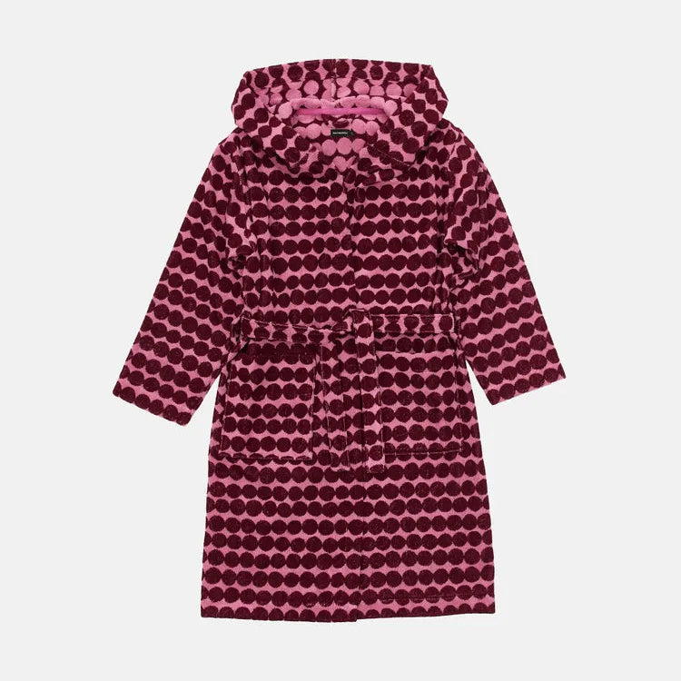 A hooded bathrobe with a repeating dot pattern in dark magenta and lighter pink, shown flat against a light gray background.