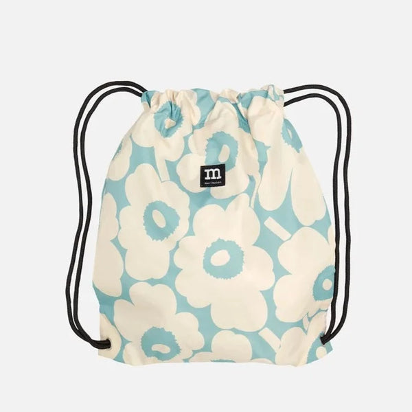 Turquoise foldable backpack with cream Unikko poppy pattern