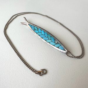Vintage Ana Sosa Silver and Turquoise Fish Pin/Necklace (50)
