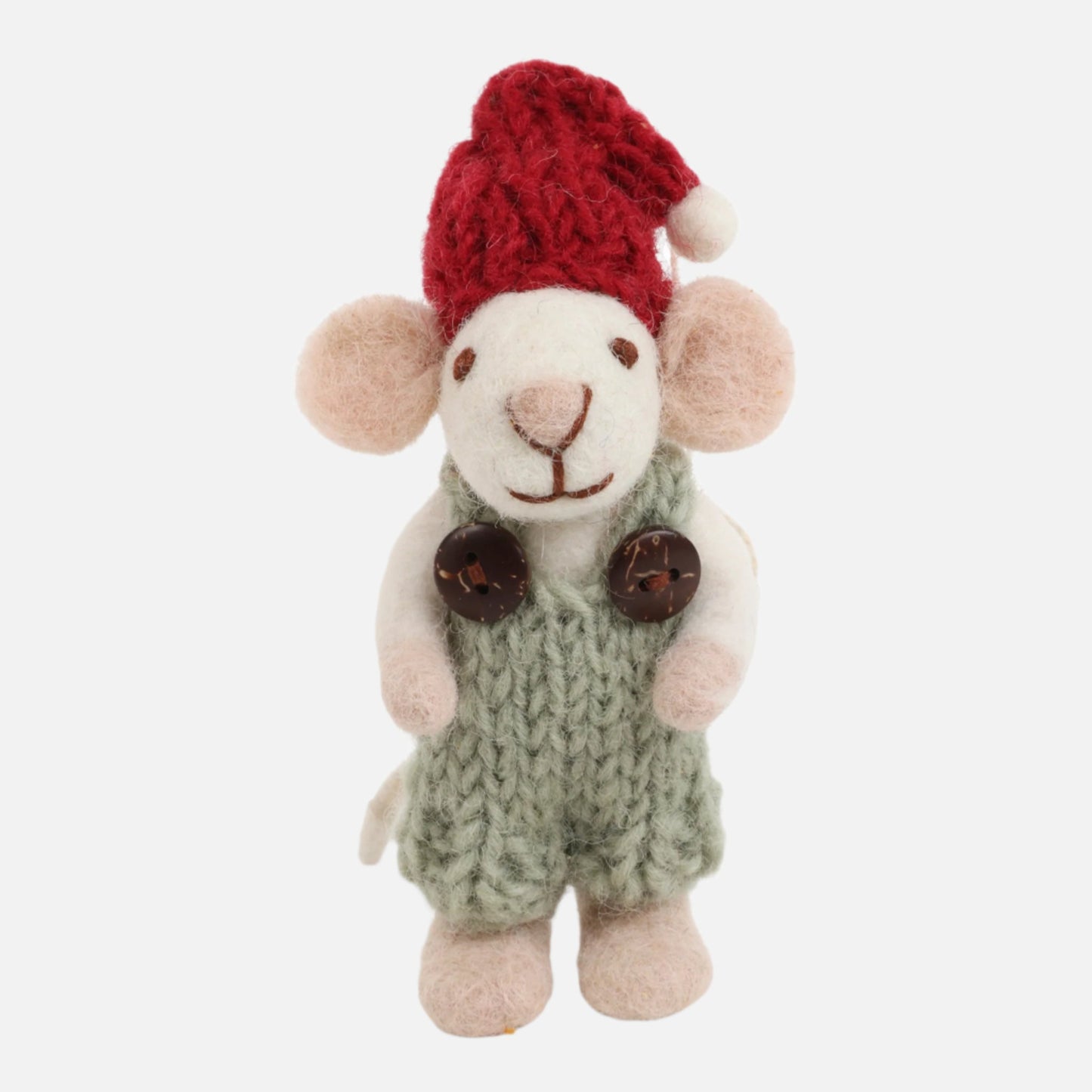 En Gry et Sif Felt Mouse in Knitted Overalls, Red Hat