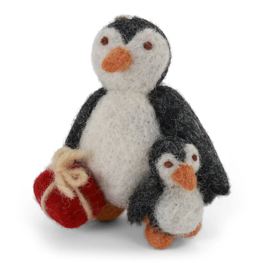 Felted Penguin with baby and present handmade by Gry and Sif, fair trade