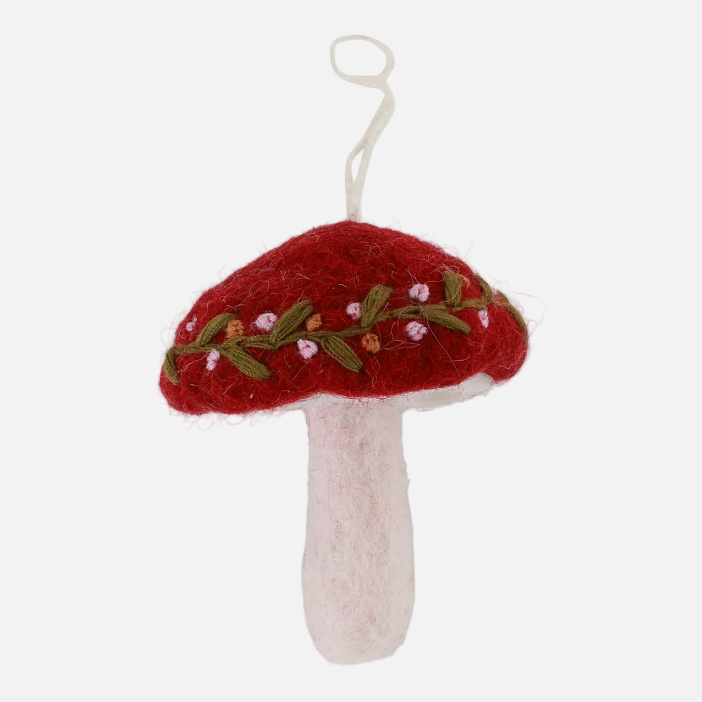 Felted mushroom ornament with red cap and white stem by Gry and Sif, handmade, fair trade